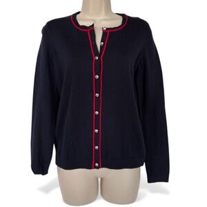 Talbots Navy Cotton Cashmere Cardi Red Trim Button Front NWT XS Preppy Classic